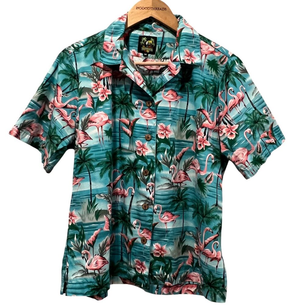 Benny's Retro Flamingo Print Button Down Shirt, Blue Pink Green, M